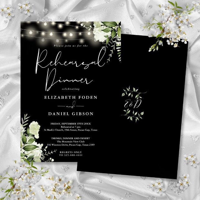 Convite Luzes de Verde Folhagem Preto e Branco Jantar de E (Greenery Lights Black And White Rehearsal Dinner Invitation)