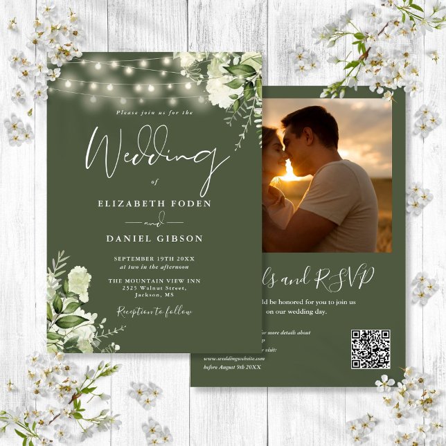 Convite Luzes de Verdejamento Código QR Foto Casamento Ver (Greenery Lights QR Code Photo Olive Green Wedding Invitation)