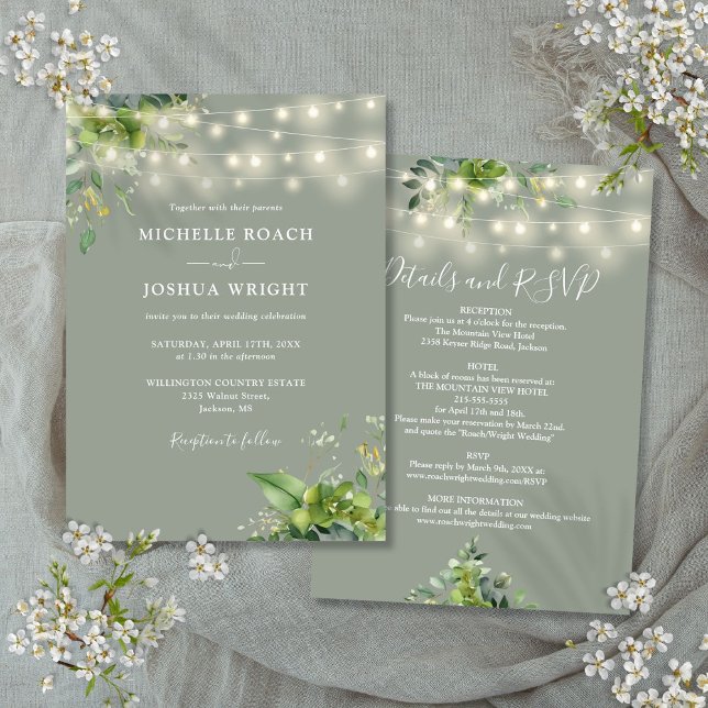 Convite Luzes De Verdura Em Um Só Tonalidade Verde Sage Ca (All In One Greenery Lights Sage Green Wedding Invitation)