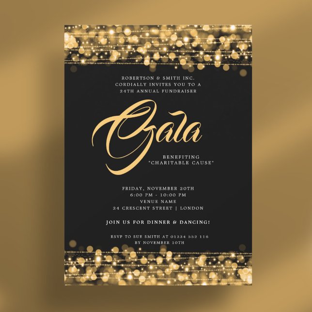 Convite Luzes de vidro Douradas da Bola de Gala Corporativ (Formal Corporate Gala Ball Gold Glam Lights Invitation)
