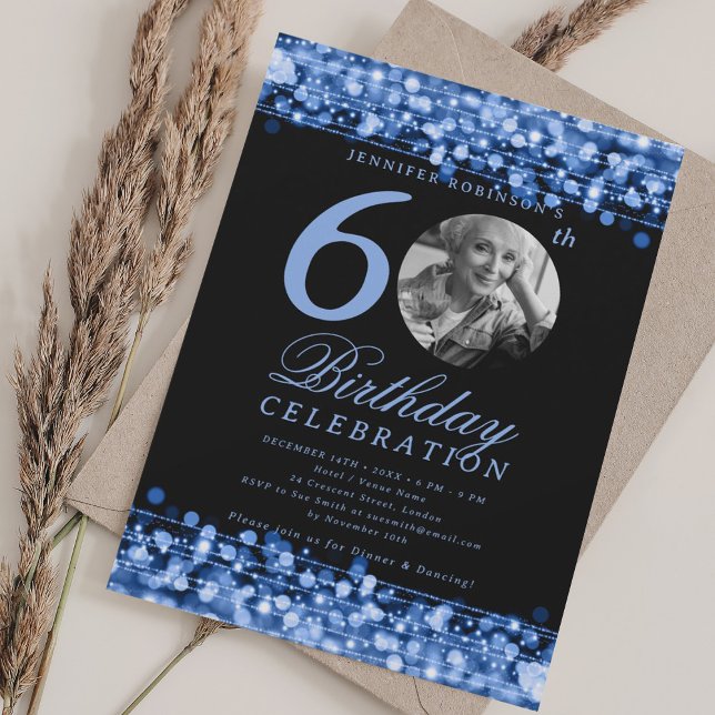 Convite Luzes do Marinho Elegante Photo 60th (Elegant Photo 60th Birthday Party Navy Lights Invitation)