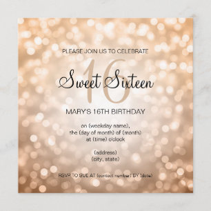 Convite Luzes Doce De Glitter De Cobre De 16 Festas de ani