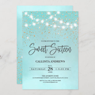 Convite Luzes Douradas Brilhantes Azul Teal Luzes Brilhant