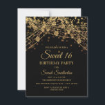 Convite Luzes Douradas brilhantes escuras com cordas lumin<br><div class="desc">Elegante Doce 16 convite de aniversário com belas luzes de cordas de ouro e espumantes sobre fundo preto.</div>