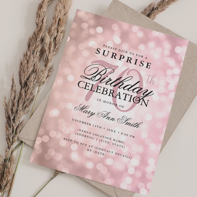 Convite Luzes Douradas de 70 de Aniversário da SURPRESA El (Elegant SURPRISE 70th Birthday Rose Gold Lights Invitation)