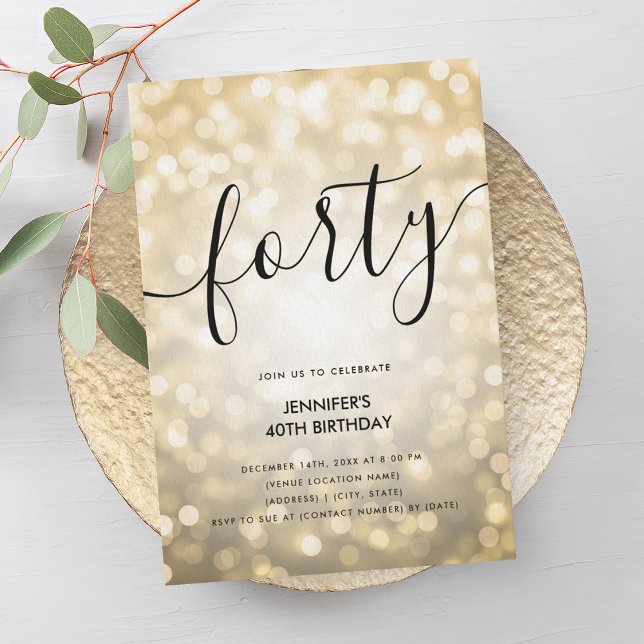 Convite Luzes Douradas de brilho moderno - aniversário de  (Modern Glam Gold Glitter Lights 40th Birthday Invitation)