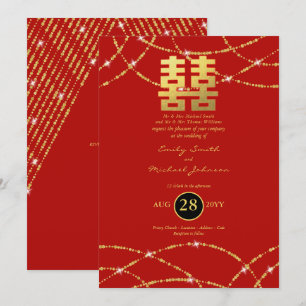 Convite Luzes Douradas de Casamento Chinesas Dupla Felicid