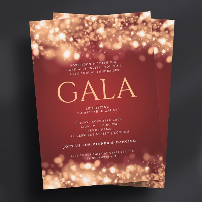 Convite Luzes Douradas de Espumantes Vermelhas de Gala Cor (Formal Corporate Gala Red Gold Sparkling Lights Invitation)