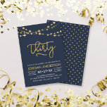 Convite Luzes Douradas de Falhas Azuis Modernas Elegantes<br><div class="desc">Convite de festas moderno com cordas elegantes de luz e a palavra "Trinta" em folha de ouro falsa contra fundo azul escuro. A placa inclui um padrão correspondente do lado traseiro. Veja outros itens correspondentes aqui https://www.zazzle.com/collections/strings_of_lights_faux_gold_celebration_collection-119311942951401241?rf=238364477188679314 Personalize-o substituindo o texto do espaço reservado para adicionar suas informações. Para obter mais...</div>