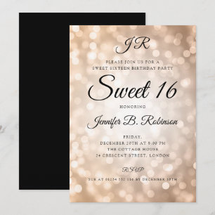 Convite Luzes Douradas de Rosa de Monograma Doce 16 Aniver