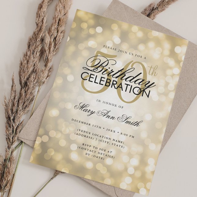 Convite Luzes Douradas de Shimmer do 50º aniversário do El (Elegant 50th Birthday Glam Gold Shimmer Lights Invitation)