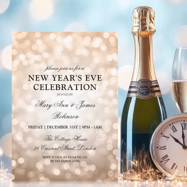 Convite Luzes Douradas de Véspera de ano novo de Rosa Eleg (Elegant New Years Eve Rose Gold Bokeh Lights Invitation)