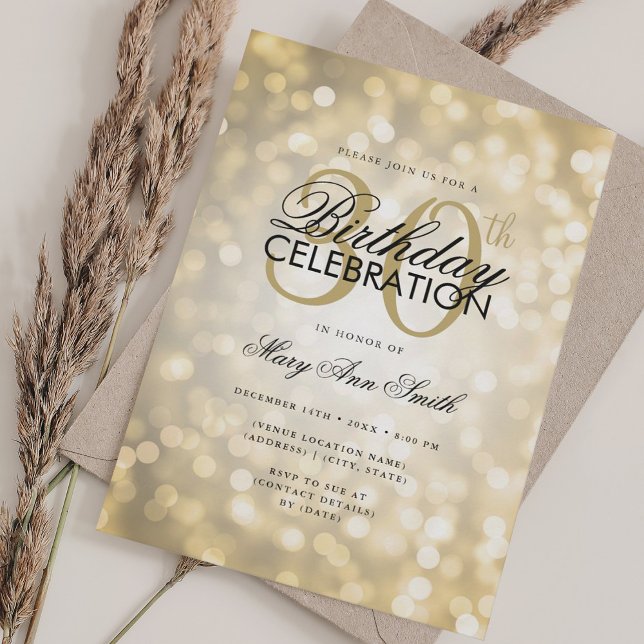 Convite Luzes Douradas do Shimmer com aniversário de 30 an (Elegant 30th Birthday Glam Gold Shimmer Lights Invitation)