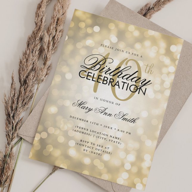 Convite Luzes Douradas do Shimmer com aniversário de 40 an (Elegant 40th Birthday Glam Gold Shimmer Lights Invitation)