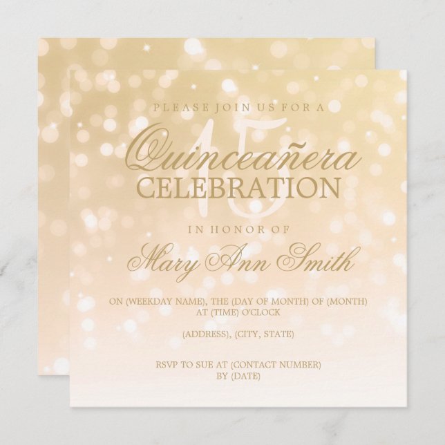 Convite Luzes Douradas do Sparkle da Quinceanera (Frente/Verso)