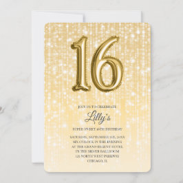 Convite Luzes Douradas e Balão de Foil 16.o Aniversário