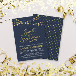 Convite Luzes Douradas Modernas Azuis Modernas e Legais Do<br><div class="desc">Moderno Sweet 16 Aniversário convidado com cordas de luz elegantes e a palavra "Doce Dezesseis" em ouro falso contra fundo azul. A placa inclui um padrão correspondente do lado traseiro. Veja outros itens correspondentes aqui https://www.zazzle.com/collections/strings_of_lights_faux_gold_celebration_collection-119311942951401241?rf=238364477188679314 Personalize-o substituindo o texto do espaço reservado para adicionar suas informações. Para obter mais opções,...</div>