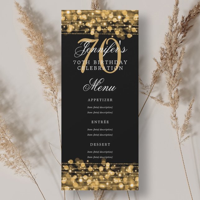 Convite Luzes Douradas no menu de Festa de aniversário Ele (Elegant 70th Birthday Party Menu Gold Lights Invitation)