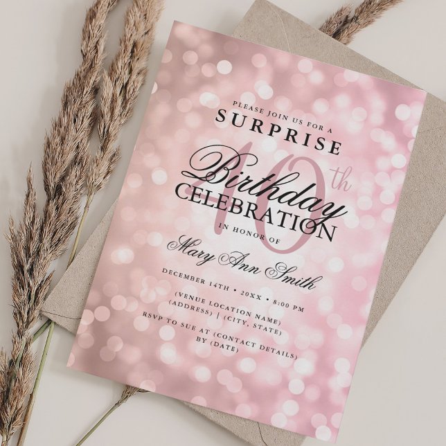 Convite Luzes Douradas SURPRISE aniversário de 40 anos (Elegant SURPRISE 40th Birthday Rose Gold Lights Invitation)