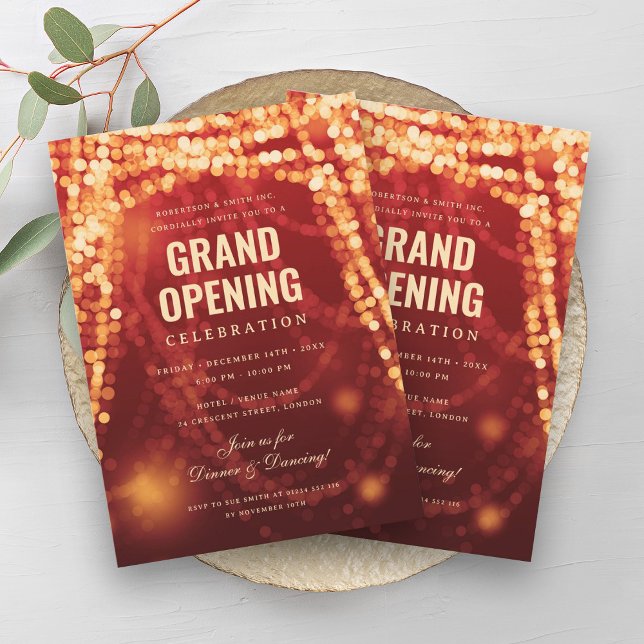 Convite Luzes Douradas Vermelhas do Elegante Grand Open Bu (Elegant Grand Opening Business Red Gold Lights Invitation)