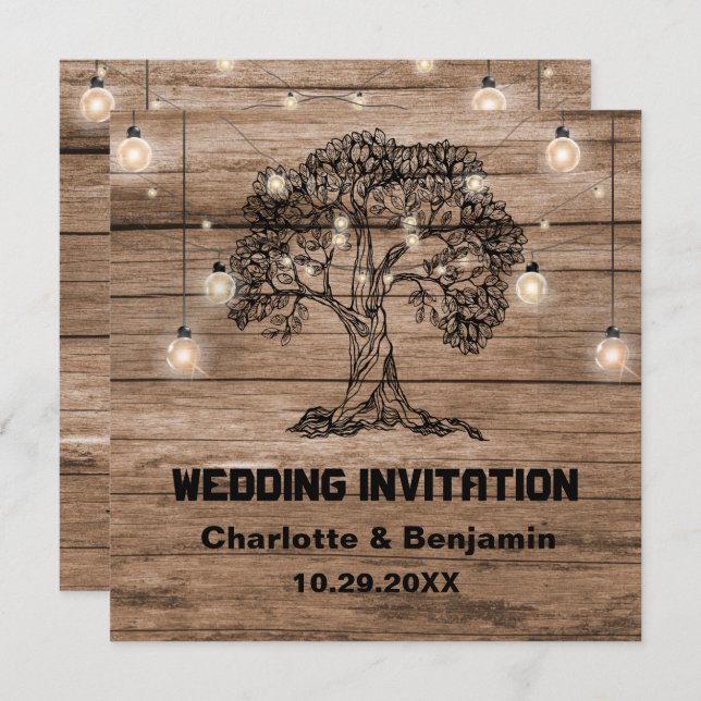 Convite Luzes e Casamento em Árvore Rustic Wood String (Frente/Verso)