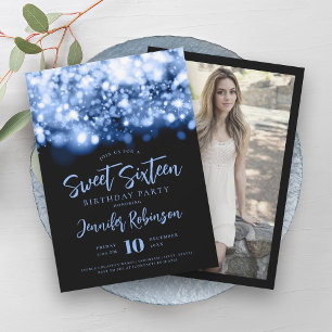 Convite Luzes Elegantes de Brilho Azul Foto Sweet 16