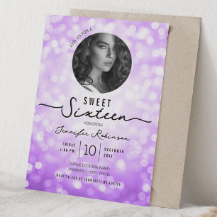 Convite Luzes Elegantes de Brilho Doce 16 Aniversário Roxo