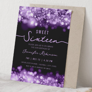 Convite Luzes Elegantes de Brilho Sweet Sixteen Roxo