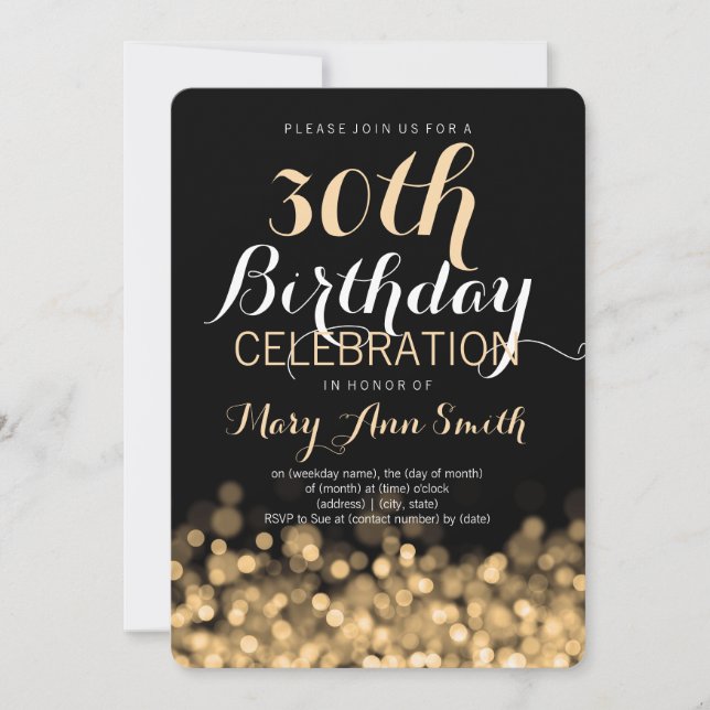 Convite Luzes elegantes do ouro do partido de aniversário (Frente)
