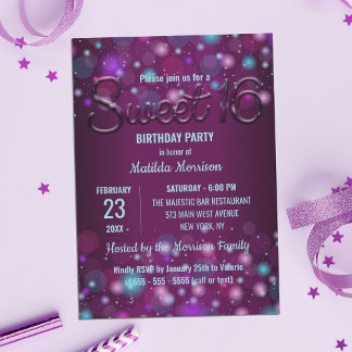 Convite Luzes Elegantes Roxas Radiantes Doce 16 Aniversári