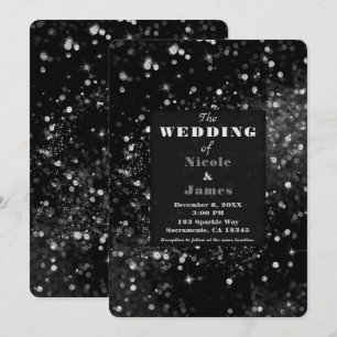 Convite Luzes Espelhadas Pretas e Prateadas Casamento Glam