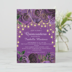 Convite Luzes Estelares Florais Roxas com Corda Dourada Qu