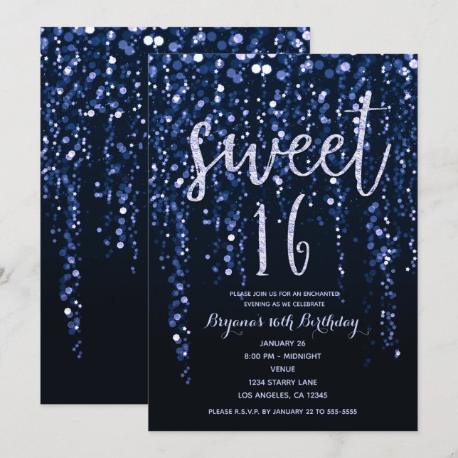 Convite Luzes Estrela Enfeitiçadas Azul Violeta Doce Festa (Frente/Verso)