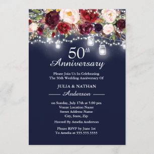 Convite Luzes Florais Burgundy Marinho 50º Aniversário