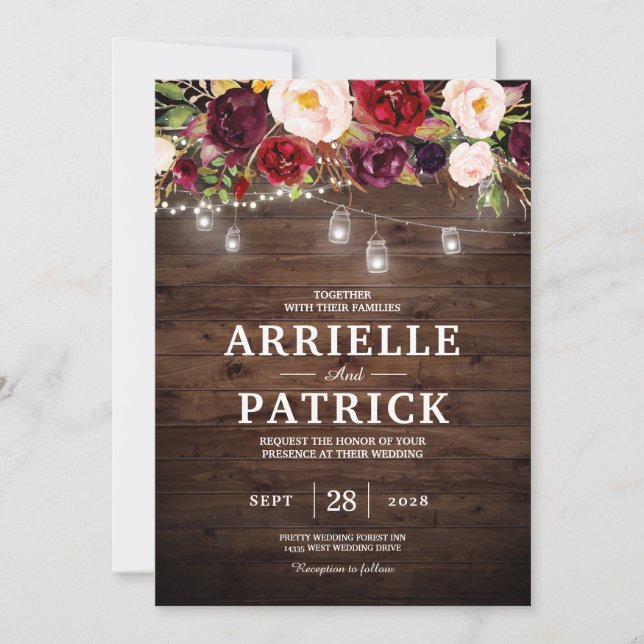 Convite Luzes Florais de Madeira Rústica Bordô (Frente)