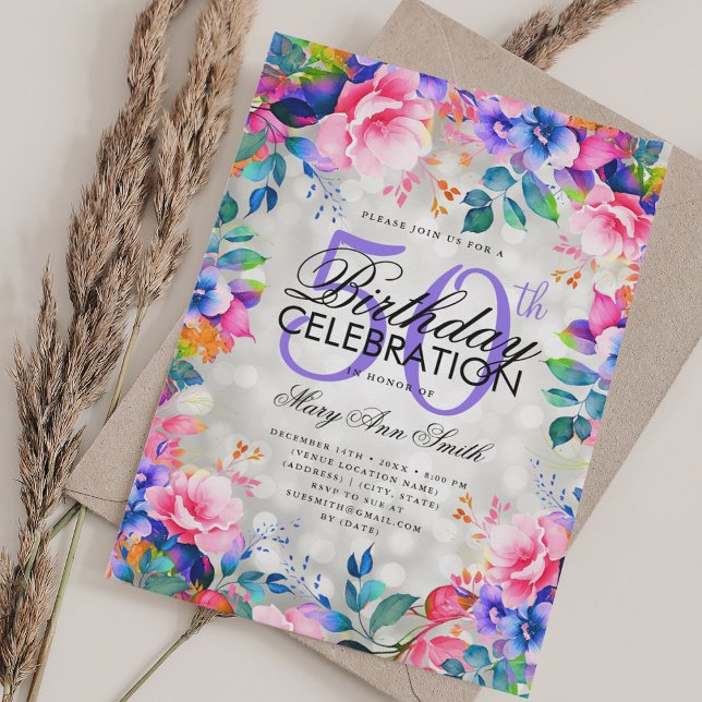 Convite Luzes Florais do Rainbow Rainbow 50º aniversário d (Elegant 50th Birthday Silver Rainbow Floral Lights Invitation)