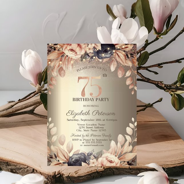 Convite Luzes Florais Elegantes, Aniversário de 75 anos  (Criador carregado)