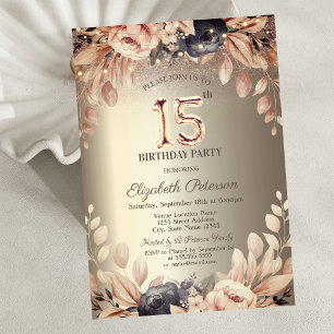 Convite Luzes Florais Elegantes com Cordão, 15º Aniversári