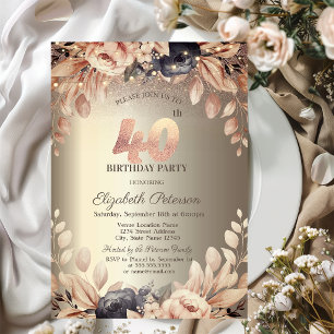 Convite Luzes Florais Elegantes de Corda, 40º Aniversário
