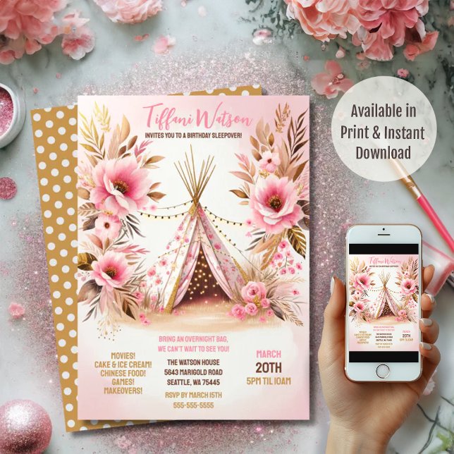 Convite Luzes Florais Rosa Boêmio para Noite de Sonhos  (Criador carregado)