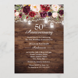 Convite Luzes Florais Rústicas Burgundy 50º Aniversário