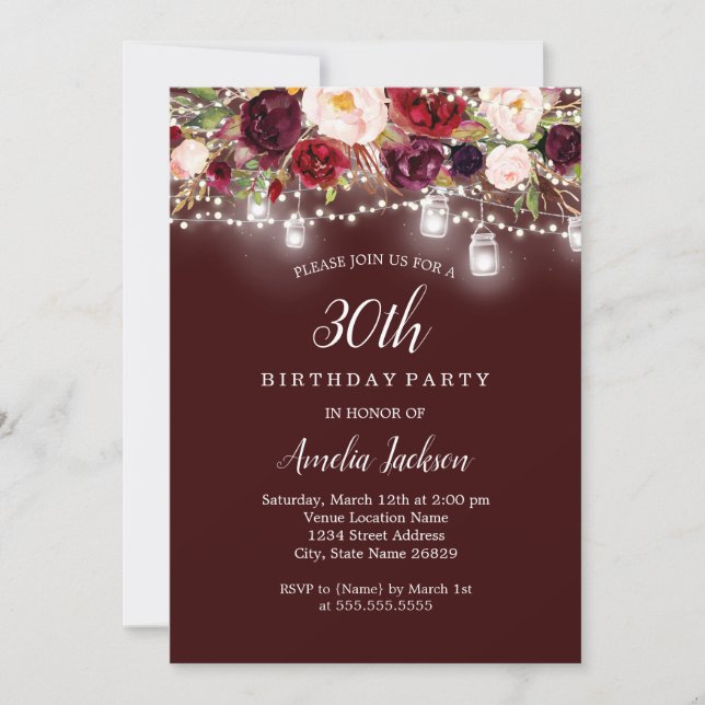 Convite Luzes Florais Rústicas Burgundy para Aniversário d (Frente)