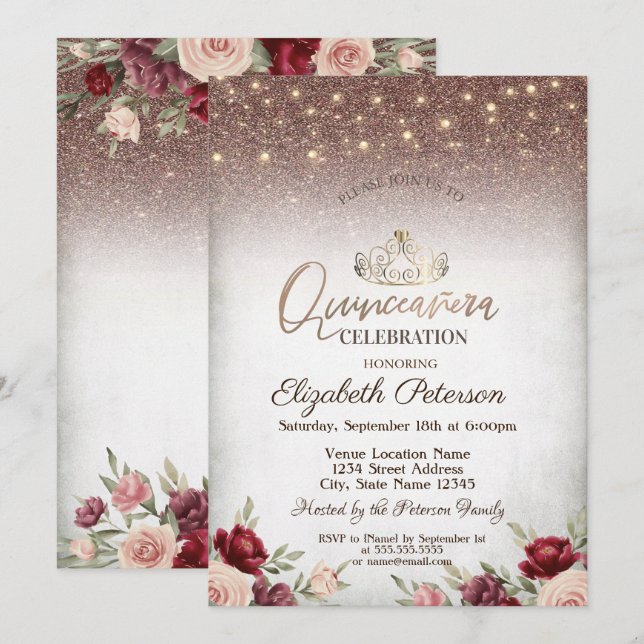 Convite Luzes, Flores Borgonha Brilho Quinceañera (Frente/Verso)