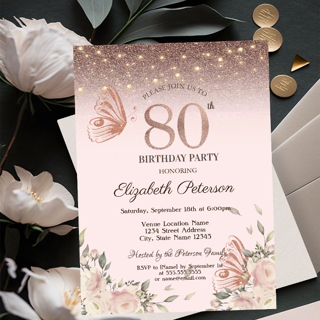 Convite  Luzes, Flores Brilho Borboletas 80º Aniversário (Criador carregado)