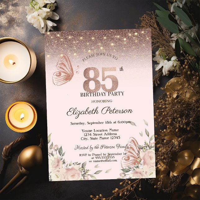 Convite Luzes, Flores Brilho Borboletas 85º Aniversário (Criador carregado)