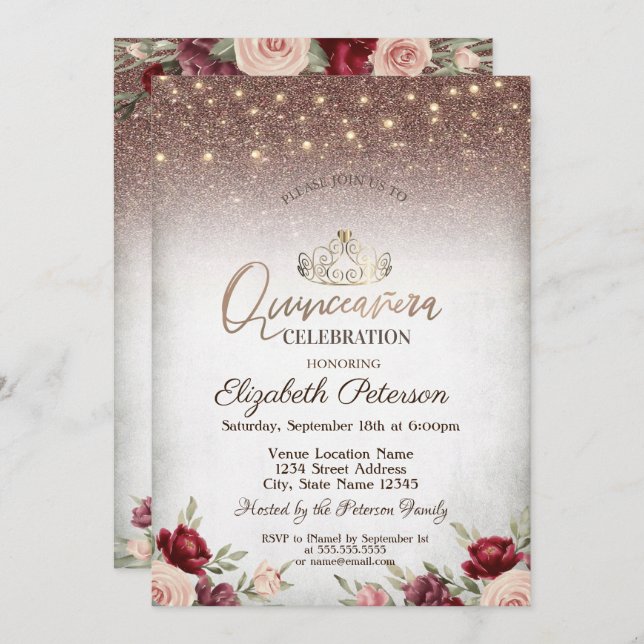 Convite Luzes, Flores Burgundy Glitter Quinceañera (Frente/Verso)