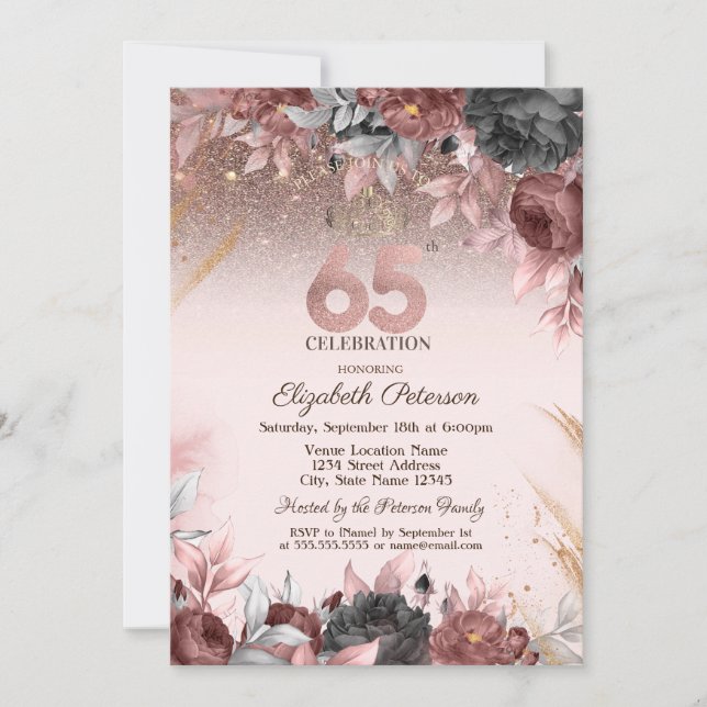 Convite Luzes, Flores Chic Glitter Aniversário de 25 anos  (Frente)