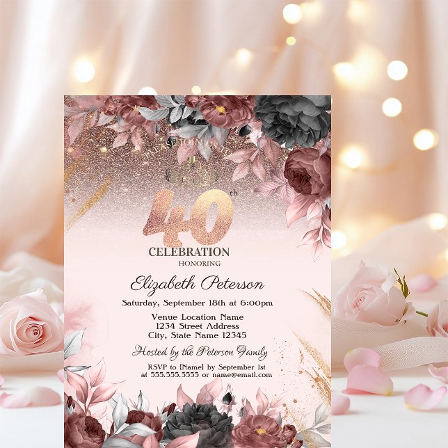 Convite  Luzes, Flores Chic Glitter Aniversário de 40 anos (Criador carregado)