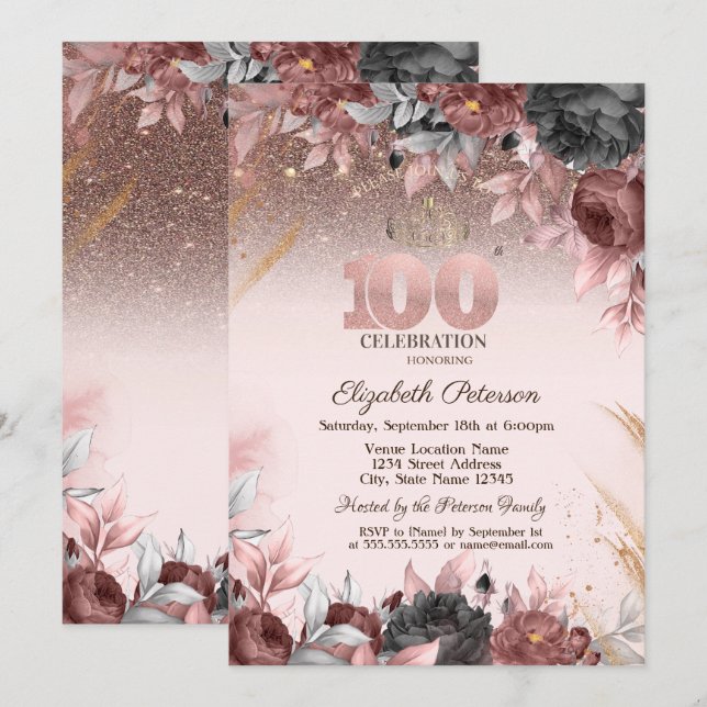 Convite Luzes, Flores Chiques Brilho 100º Aniversário (Frente/Verso)