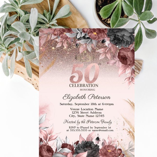 Convite Luzes, Flores Chiques Brilho 50º Aniversário (Criador carregado)